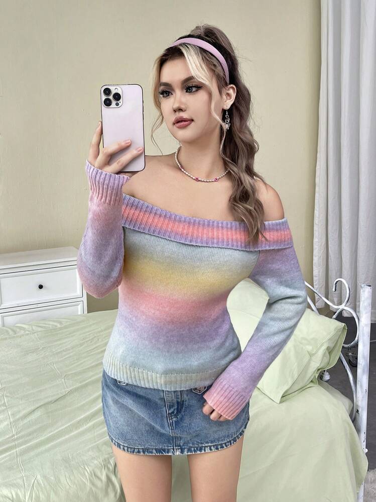 SHEIN EZwear Jersey de ombré doblado de hombros descubiertos - Multicolor - Añade 1