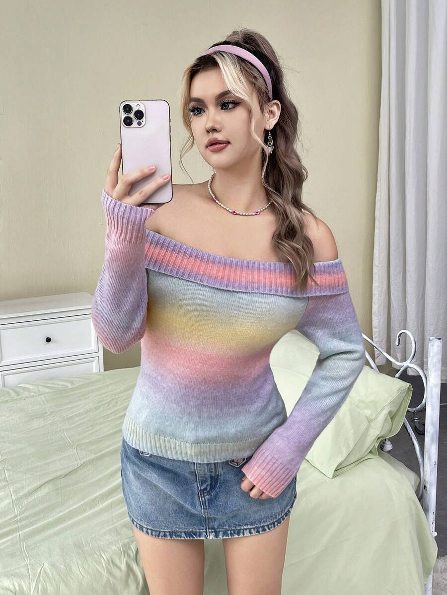 SHEIN EZwear 漸層折邊一字肩套頭毛衣 - 彩色 - 查看 1