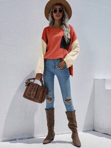 SHEIN LUNE Colorblock Drop Shoulder Knit Pullover Fall Winter Sweater - Red - View 3
