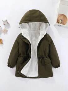 SHEIN 年輕女孩抽繩腰貼身披衣,內裏有毛絨絨的連帽外套 - 軍綠色 - 查看 1