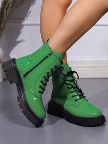 女性時尚發亮的厚底馬丁靴帶短靴子,綠色 - 綠色 - 查看 3
