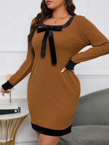 SHEIN LUNE Plus Contrast Trim Bow Front Dress - Brown - View 6