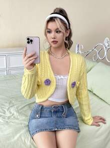SHEIN EZwear Của phụ nữ Hoa Trang trí Mở Mặt trước Áo len Mở - Màu vàng - Xem 5