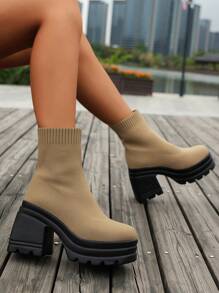 秋冬女式休闲厚底针织过膝长靴时尚高跟弹力袜靴加大码踝靴