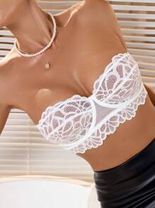 SHEIN Women's Floral Lace Fashionable Bandeau Sexy Lingerie - White - View 5