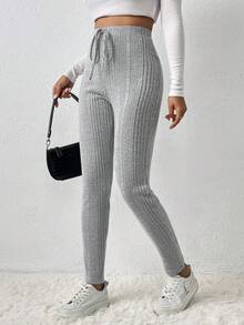 SHEIN Frenchy Drawstring Waist Ribbed Knit Leggings - Grey - View 5