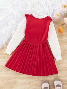 SHEIN Young Girl Two Tone Ruffle Trim Button Front Pleated Hem 2 In 1 Sweater Dress - Red - View 2