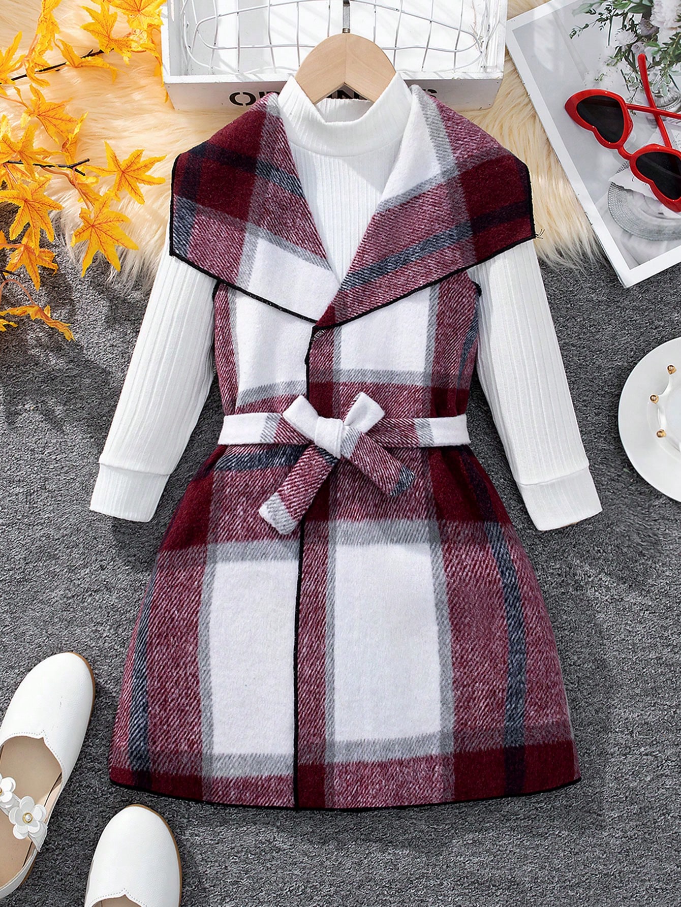 Little Girls' Solid Color Top & Plaid Belted Vest, 2pcs Set SHEIN USA