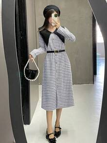 Dazy Star 女士格紋彼得潘領長袖連衣裙