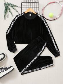 SHEIN 青少女對比字母布帶天鵝絨套頭衫和運動長褲 - 黑色 - 查看 1