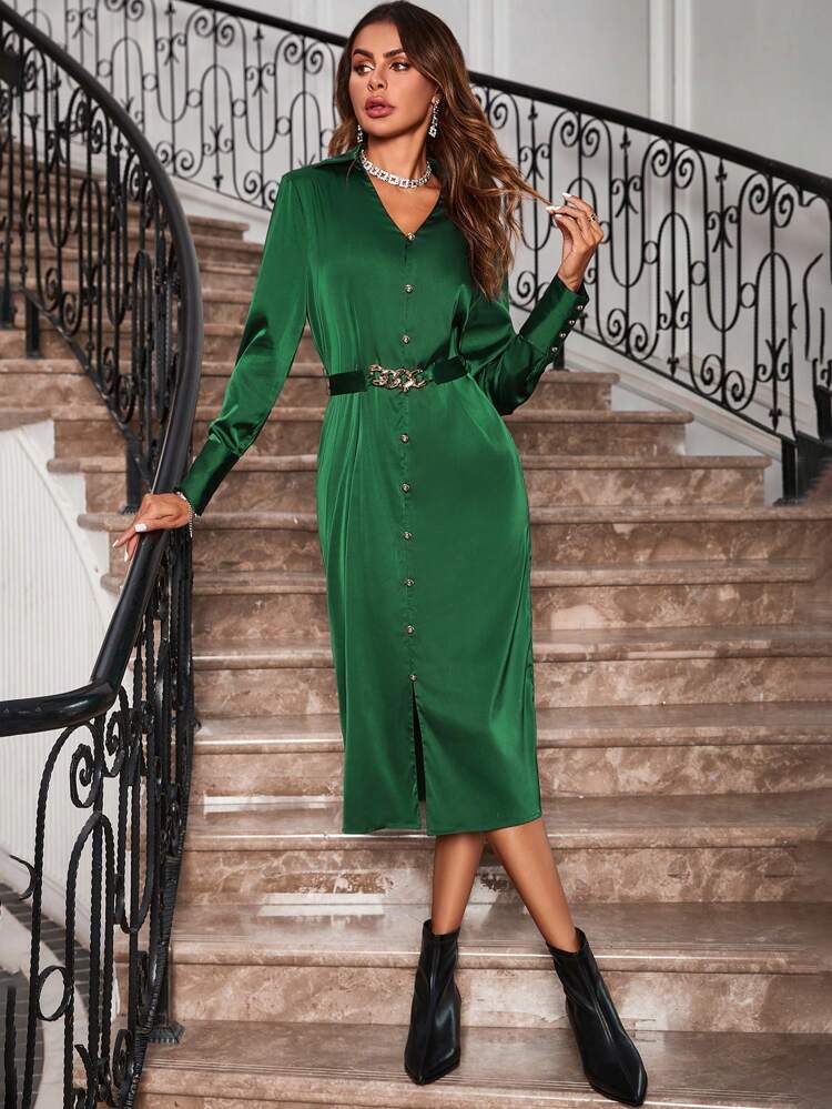 Women's Turn-down Collar Long Sleeve Button Decorated Dress