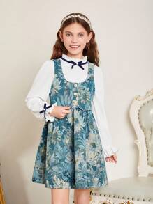 女童拼接花卉裙裝,裙擺配蝴蝶結裝飾,搭配花卉背心成套服裝 - 彩色 - 查看 1