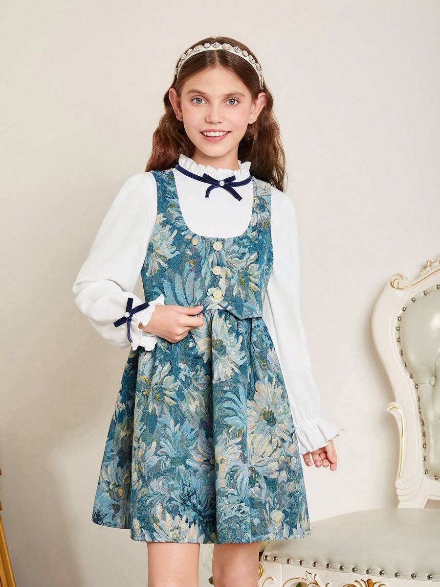 女童拼接花卉裙裝,裙擺配蝴蝶結裝飾,搭配花卉背心成套服裝 - 彩色 - 查看 1