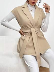 SHEIN Privé Cổ áo Thắt lưng Áo khoác vest - Màu Khaki - Xem 4