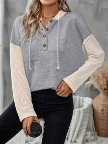 SHEIN LUNE Khối màu Nút Nửa Dây rút Hoodie - Màu Xám nhạt - Xem 6