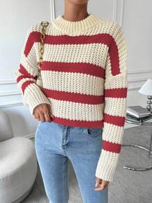 Flirla Striped Pattern Drop Shoulder Sweater Knit Pullover Fall Winter Outfit