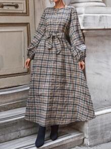 EURMUSE Plaid Belted Long Sleeve Dress - Multicolor - View 1