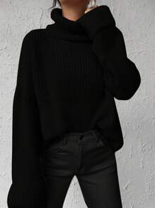 EURMUSE Solid Color Turtleneck Batwing Sleeve Sweater Fall - Black - View 4