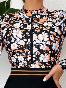 女士花卉印花長袖單件泳裝 - 彩色 - 查看 5