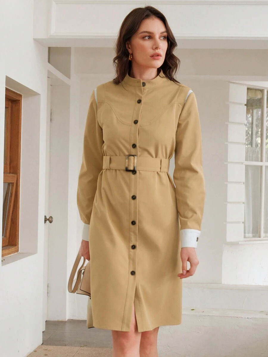 Anewsta Women's Trench Coat With Front Button Closure And Waist Belt