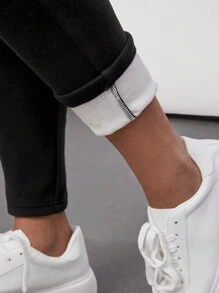 孕妇可调节腰带保暖内衬紧身裤，带字母细节 - 黑色 - 查看 4