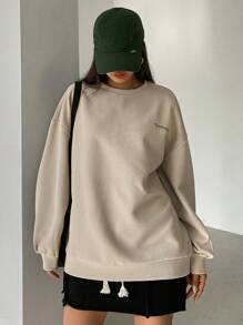 Dazy Star Đồ họa Chữ cái Thả vai Áo nỉ - Màu Khaki - Xem 6