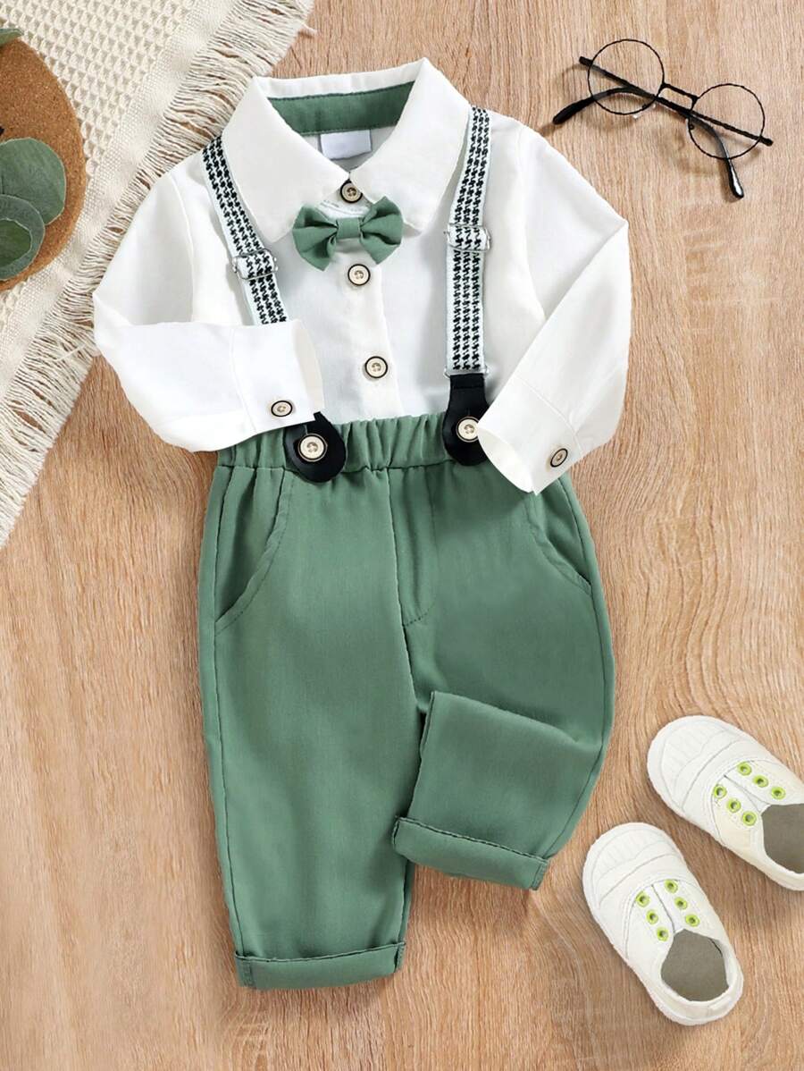 Baby Boy Bow Front Shirt & Suspender Pants - Green - View 1