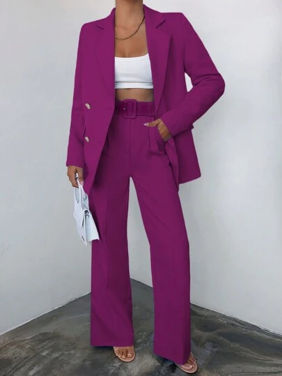 EURMUSE 2pcs Solid Color Single Breasted Suit Set