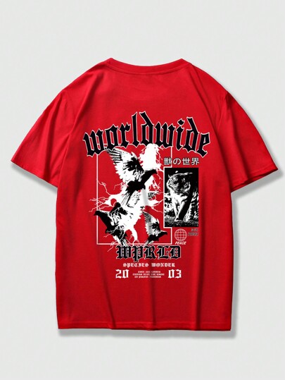 Grunge Punk Men Eagle & Slogan Printed T-Shirt, School