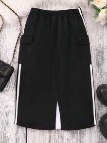 SHEIN Tween Girl Contrast Striped Flap Pocket Side Skirt - Black - View 2