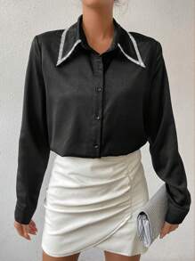 SHEIN Allurite Rhinestone Detail Button Front Shirt - Black - View 6