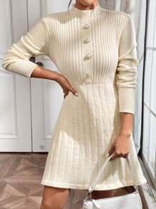 SHEIN Privé Solid Color Stand Collar Knitted Sweater Dress With Pearl Button And Ribbed Detail - Black - View 3