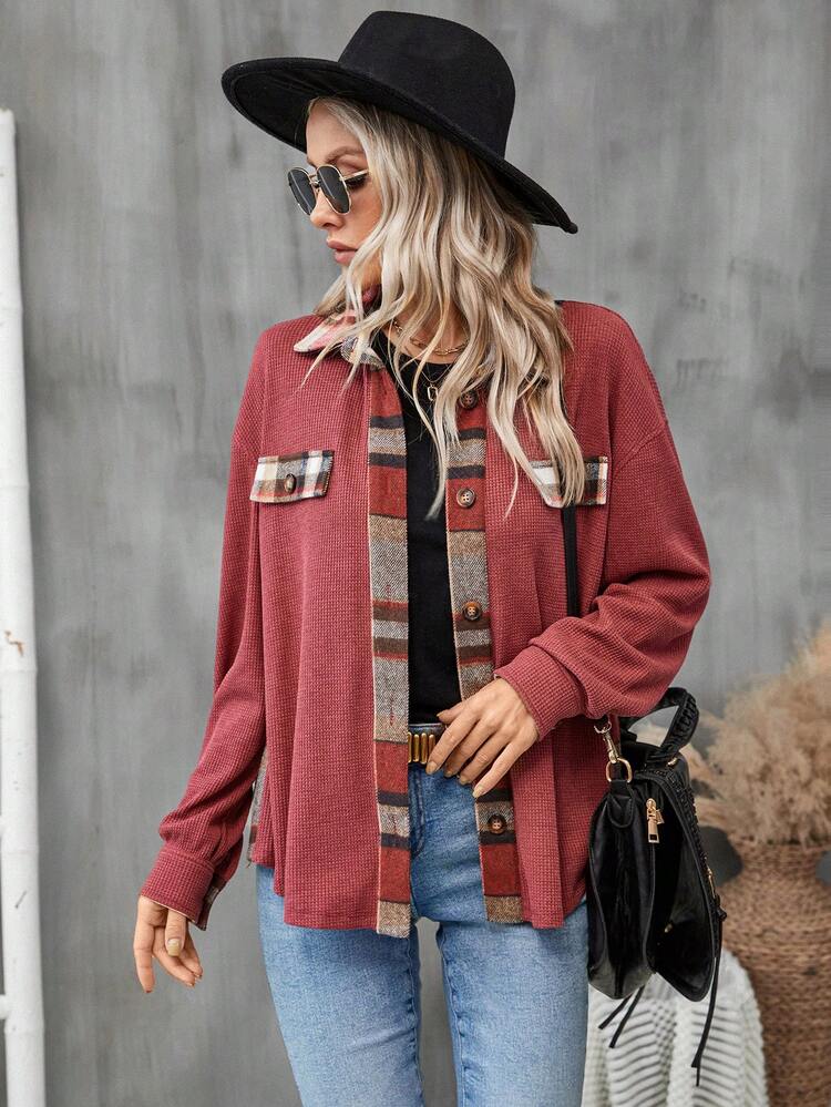 Contrast Plaid Print Drop Shoulder Flap Detail Coat