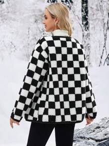 SHEIN Pregnant Women'S Checkerboard Fleece Jacket For Maternity, For Winter - Black and White - View 2