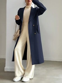 EURMUSE Abrigo De Lana Cruzado De Color Liso Para Mujer Con Cuello De Traje - Azul Marino - Ver 6