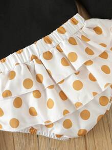 Baby Girl Slogan Graphic Ruffle Trim Bodysuit & Polka Dot Shorts - Black - View 6