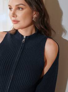 SHEIN Unity Zip Up Sweater Vest With Shrug Cardigan Knit Pullover Fall Winter Outfit - Navy Blue - View 5