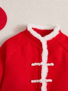 SHEIN Bé gái Dệt Màu thuần Túi đôi & Áo khoác Tweed Với Dệt Màu thuần Bộ váy - Đỏ - Xem 4