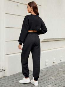 SHEIN EZwear 女性素色抽繩下擺落肩袖九分上衣和長褲套裝 - 黑色 - 查看 2