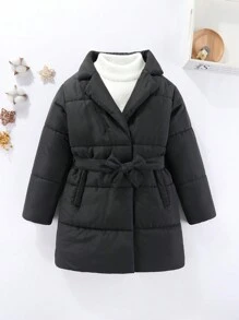 SHEIN 小女孩秋冬中長保暖外套休閒收腰套裝設計新款到貨 - 黑色 - 查看 1