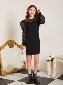 SHEIN 女童撞色网眼人造珍珠铆钉装饰袖连衣裙 - 黑色 - 查看 4