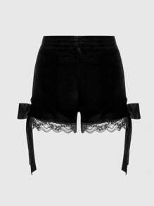ROMWE Kawaii Shorts ribete con encaje en contraste de terciopelo - Negro - Ver 8
