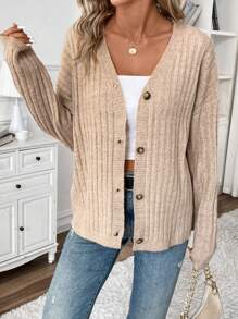 SHEIN Frenchy 女式純色落肩前紐扣開襟衫 - 卡其色 - 查看 4
