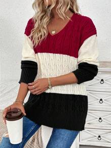 SHEIN LUNE Color Block V-Neck Drop Shoulder Cable Knit Pullover Fall Winter Sweater - Black - View 5