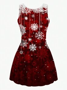 Christmas Snowflake Print A-line Dress - Burgundy - View 2