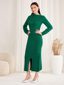 Modelyn Foldover Front Split Hem Sweater Dress - Green - View 5