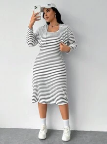 SHEIN EZwear 大碼條紋印花洋裝&短夾克 - 黑與白 - 查看 4