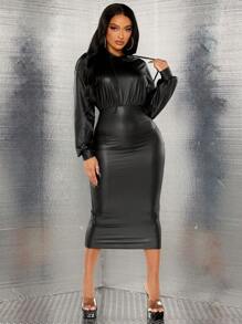 SHEIN SXY Đen Da giả Đàm áo cánh có mũ , Mùa Thu /đông - màu đen - Xem 3