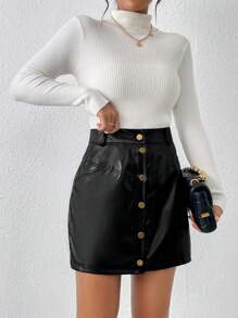 SHEIN Frenchy 高腰前紐扣PU皮革半身裙