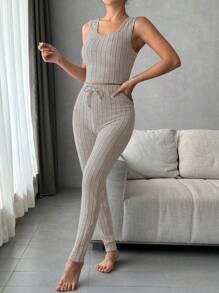 Solid Tank Top & Knot Waist Leggings & Robe Lounge Set Outfit - Apricot - View 3